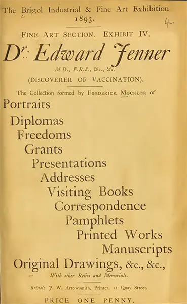 The pamphlet cover describing Dr. Jenner's collection