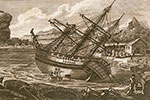 Print depicting the 'Endeavour' badly damaged after running aground on the Great Barrier Reef in June 1770. Source: Royal Museums Greenwich, PAD5990