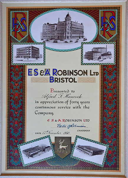 Alfred Francis Hancock's long service certificate from Robinsons.