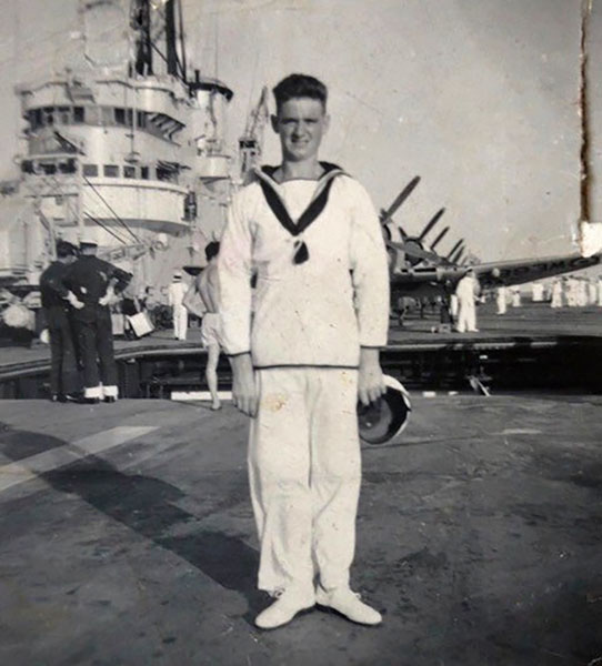 Leslie Smith on the flight deck of HMS Warrior, April 4, 1954