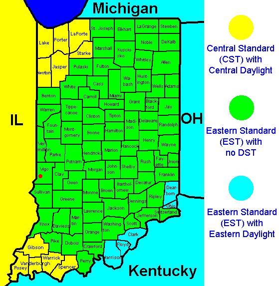 County map of Indiana showing the time zones