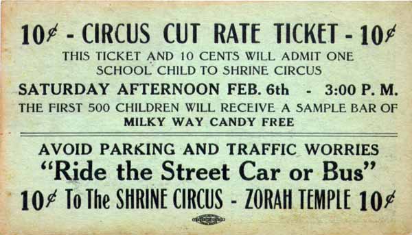 Zorah Shrine Circus Ticket (reverse)