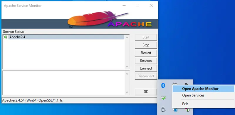 Right clicking on the Apache Service Monitor icon