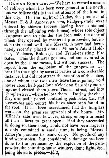 newspaper cutting of F. & J. Amory being burglarized