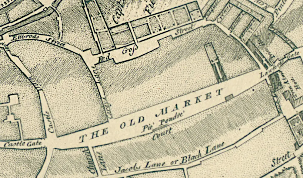 Carey's Lane, Old Market, Bristol on the 1750 Rocque map