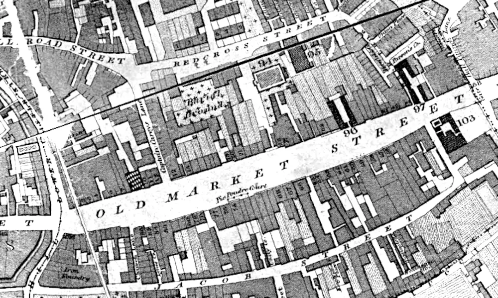 Captain Carey's Lane, Old Market, Bristol on the 1828 Ashmead map