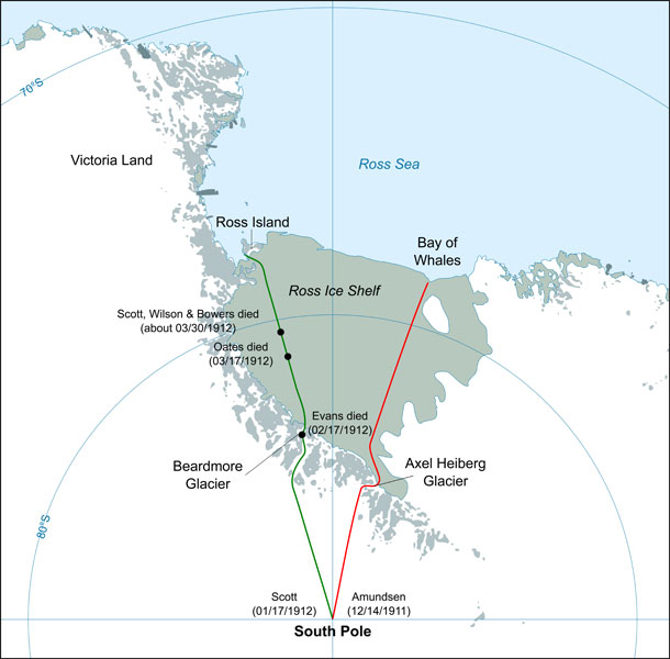 The routes taken by Scott and Amundsen to the South Pole