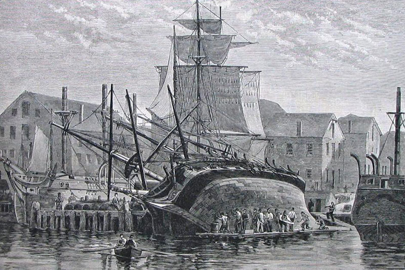 An Old Whaler Hove Down For Repairs, Near New Bedford, Massachusetts. A wood engraving drawn by Frederick Schiller Cozzens and published in Harper's Weekly, December 1882. Source: Wikimedia