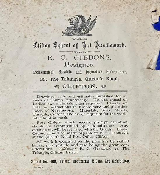 Flyer for the Clifton School of Art Needlework