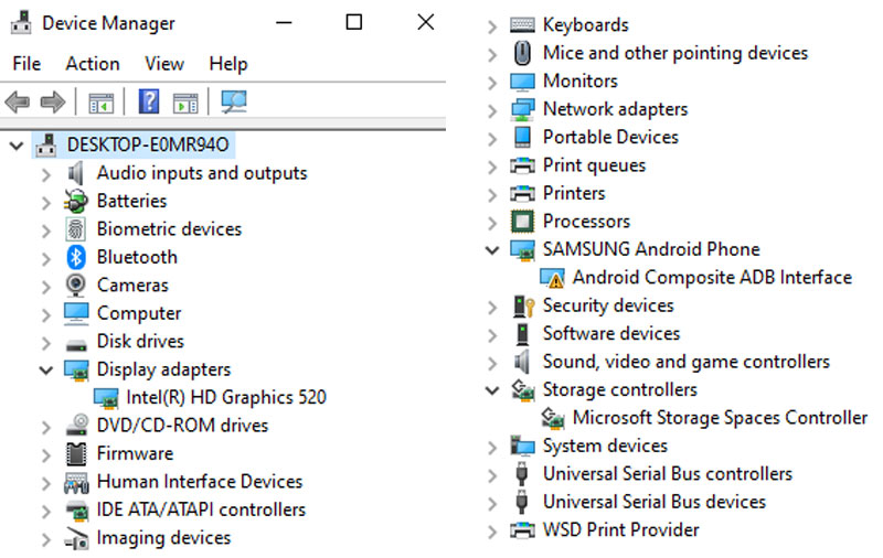 Device Manager with open problem devices