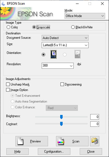 Epson scanner software interface