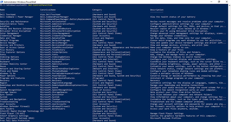 PowerShell listing of Control Panel items