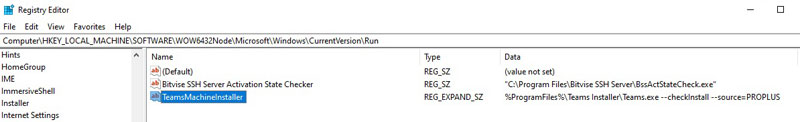 The incorrect entry for Team Installer in regedit