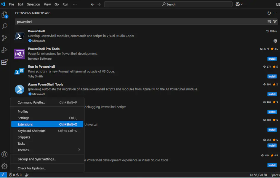 Installing Visual Studio Code PowerShell extension