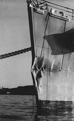 Damage to HMS Gambia after collision with HMS Pheobe