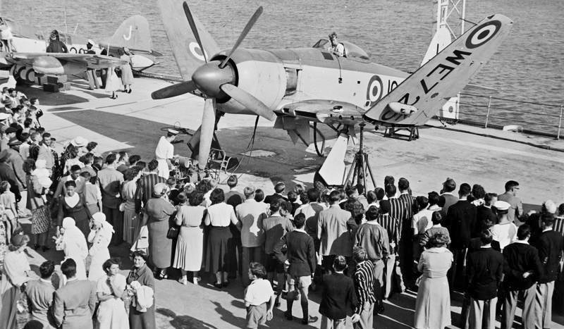 Viewing a Sea Fury on the Warrior's deck.