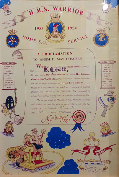 "Crossing the Line" certificate issued to B. H. Gott on November 30, 1954