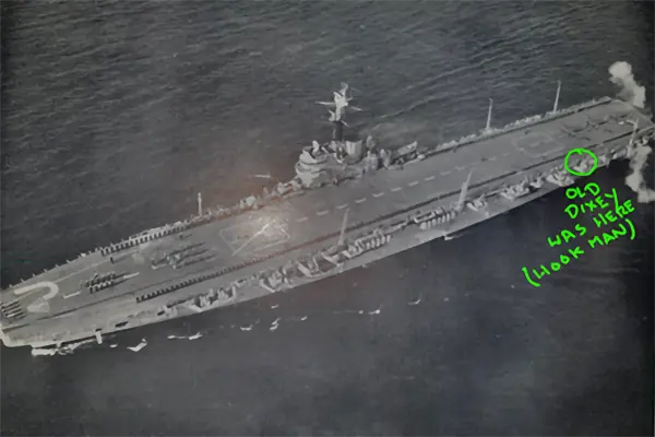 Roy Dixey's position on the flight deck of HMS Warrior