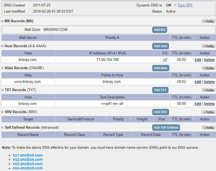 DNSExit DNS record