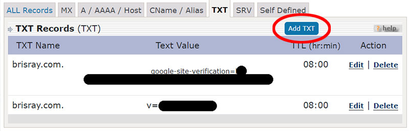 Adding a TXT entry to a DNS record