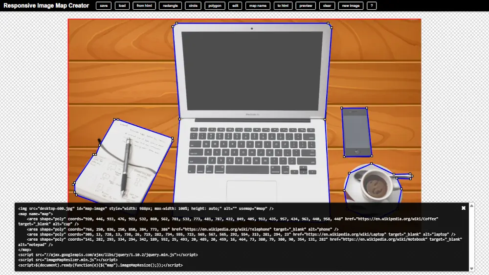 Responsive Image Map Creator editing page