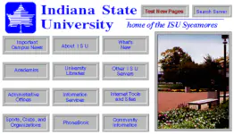 One of the earliest, if not the the earliest Indiana State University homepages. A caption on the page says it was last updated on 3 March 1996, but it was not archived until 1 April 1997. It was a server-side image map.